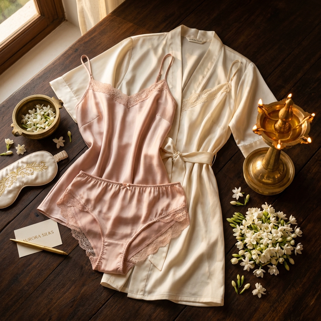 Pink silk camisole set styled on Kerala teak wood with brass lamp and jasmine